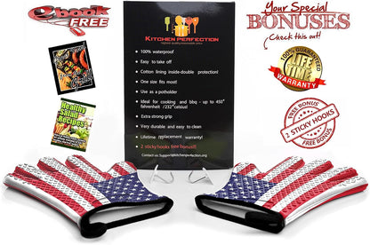 Kitchen perfection XL Silicone Smoker Oven Gloves-Extreme Heat Resistant BBQ Gloves-Handle Hot Food Right on Your Grill Fryer&Pit|Waterproof Grilling Cooking Baking Mitts|Superior Value Set+3 Bonuses