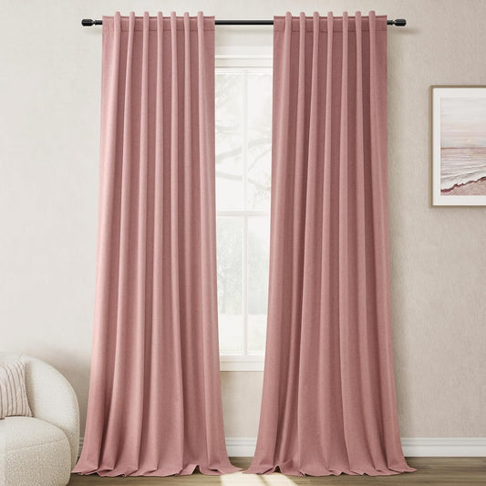 BOODII Room Darkening Curtains 120 Inch Thermal Insulated Black Out Linen Drapes Extra Long Blackout Curtains for Patio Door Large Window Ceiling to Floor Light Blocking Blush Pink 52x120