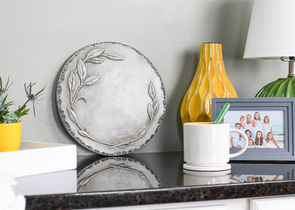 NAT & Jules Floral Laurel Wreath Leaves Pattern Dimensional Indoor Outdoor 12 inch Round Cast Resin Decorative Garden Stepping Stone, Patio, Walkway Sculpture Yard Art, Grey