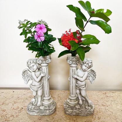 Angel Statue with Solar Lights (Right) 19.7 Inch, Outdoor Solar Angel Garden Statue with Roma Pillar for Garden Lawn Deocr, Christian Religious Gift