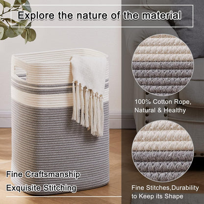 OIAHOMY Laundry Hamper, Tall Cotton Decorative Blanket Storage Basket with Handles for Living room,Collapsible Large Baskets for Toys,Pillows,Clothes Organizer-16x13x22in-Gray