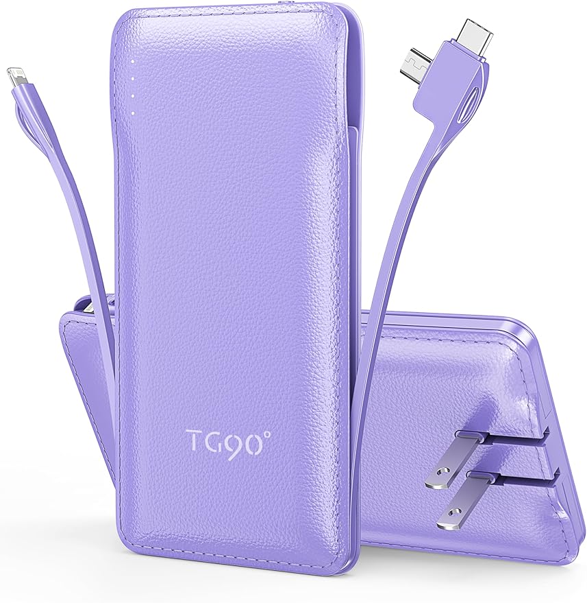 TG90° Portable Charger,10000mAh Power Bank Built-in Cables and AC Wall Plug,USB C Portable Bank,Travel Essentials Phone Charger Compact External Battery Pack Compatible with iPhones,iPad, Samsung