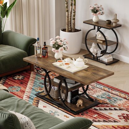 GiftGo Rustic Coffee Table with Storage Industrial 3 Tier Center Living Room Table Farmhouse Wooden Rectangle Cocktail Tea Table for Office Bedroom Elegant Full Moon Round Metal Frame (Brown, L-47)