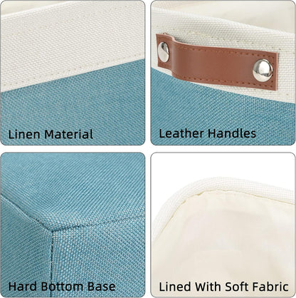 DULLEMELO Fabric Bathroom Storage Bin with Leather Handles, Narrow Organizer for Towels, Toilet Paper Rolls, Storage Basket for Back of Toilet, Vanities, Shelves & Cabinets (White&Teal)