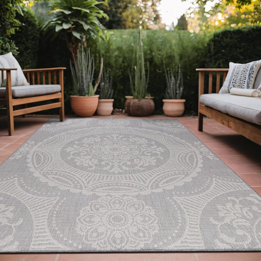 Medallion Outdoor Rug 8x10 Washable Outside Carpet for Indoor Patio Porch Waterproof Easy Cleaning Non Shedding Area Rugs Gray 8 x 10