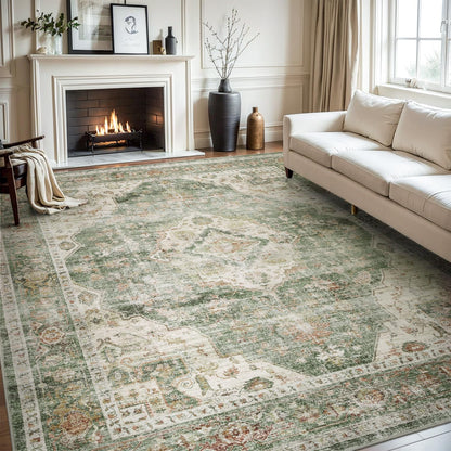 AMOAMI-Area Rug 5X7 Rugs for Living Room-Vintage Soft Green Rugs for Bedroom-Non Slip Carpet-Machine Washable Rug for Dining Room Living Room Bedroom Office Under Table