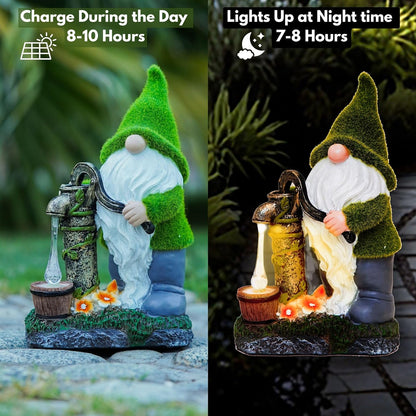 Water Pump Gnome Decorations for Yard/Lawn Outdoors Decor – Weatherproof Garden Statue – Fun Spring Summer Charming Gnomes Gifts for Women (Forest Green) and Home.