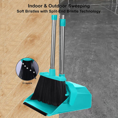 Upgrade Broom with Dustpan Combo Set, Broom and Dustpan Set with 51'' Long Handle, Large Upright Brooms and Dust Pans, ZeroGap Lip, Self-Cleaning Dustpan Teeth for Lobby and Restaurant - Blue