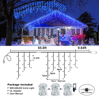 Icicle Lights for Outside, 66FT 640 LED Christmas Icicle Lights Outdoor Indoor with Waterproof 8 Modes, Plug in Curtain String Light for House Patio Roof Garden Party Wedding Decorations, Blue