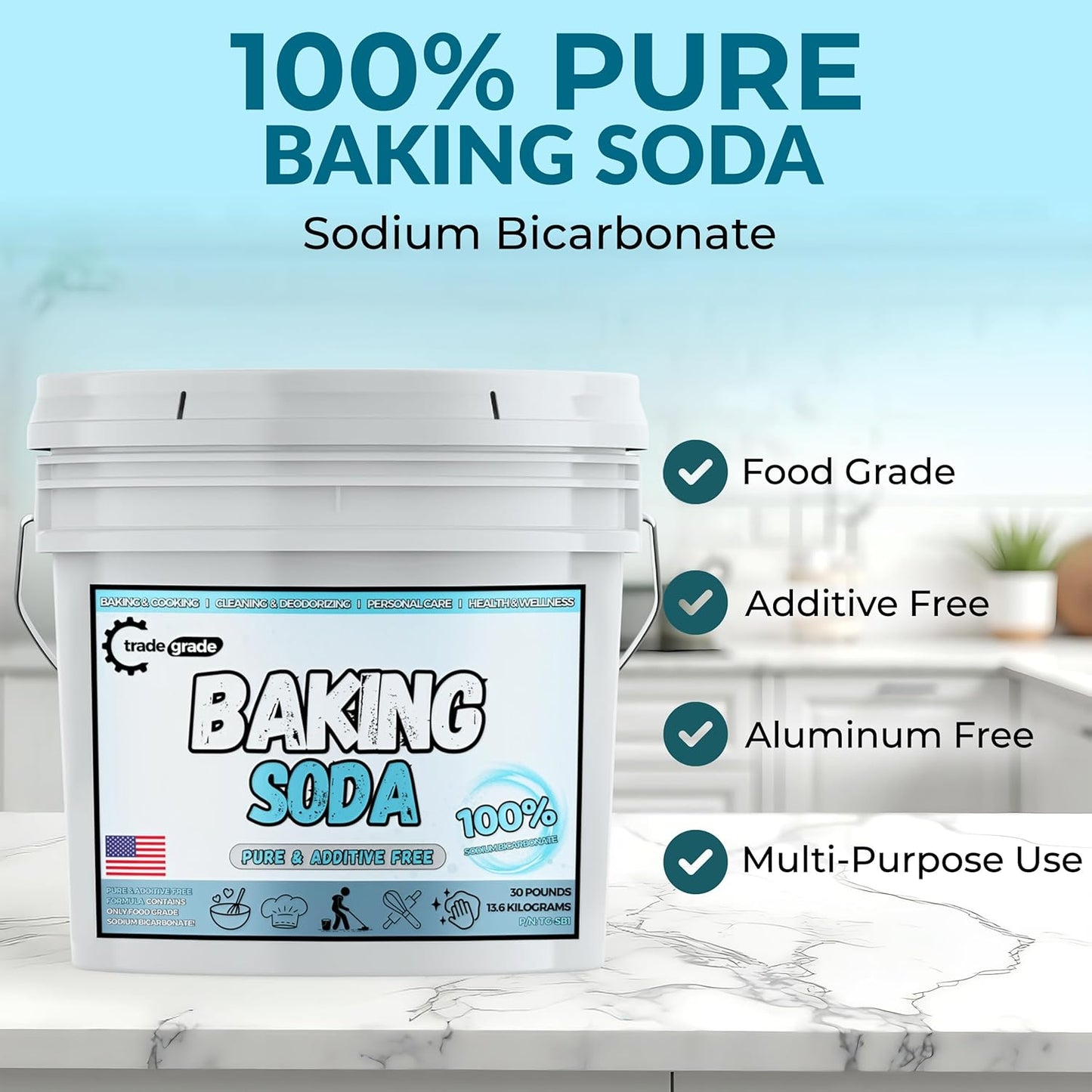 TradeGrade Pure Baking Soda Powder – 30 lb Bucket, Sodium Bicarbonate Powder | Premium Food-Grade for Baking, Bread, Cookies & More | Baking Soda for Cleaning, Natural Cleaner & Deodorizer