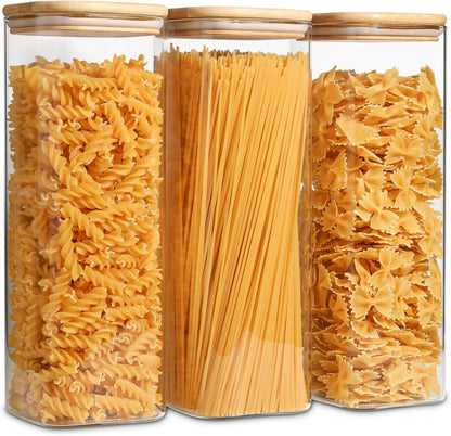 ComSaf Glass Spaghetti Pasta Storage Containers with Lids 2.2 Qt Set of 3, Tall Clear Airtight Food Storage Jar with Lid for Noodles Flour Oat Cereal Sugar Beans, Sqaure Spaghetti Pantry Containers