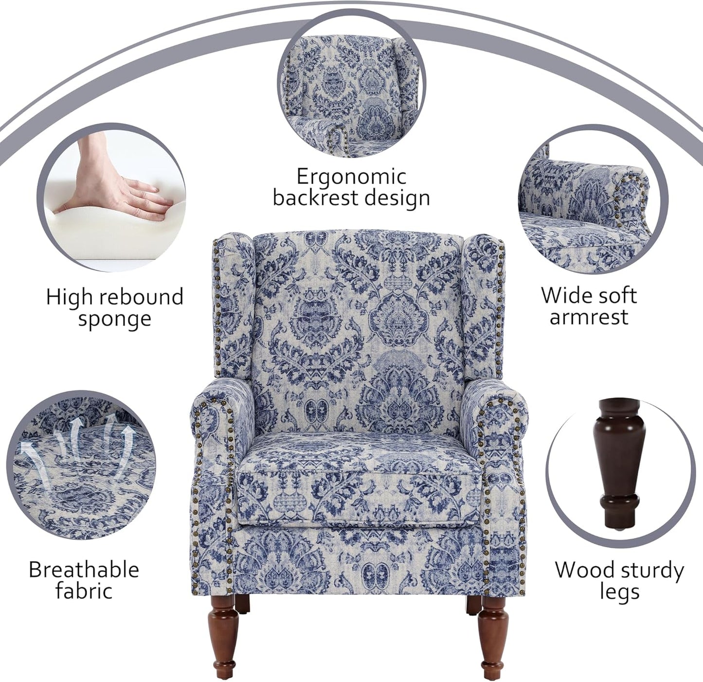 Lumibee High Back Accent Chair Set of 2, Armchair in Fabric,Comfy Upholstered Wingback Single Sofa Reading Chairs with Solid Wood Legs for Living Room,Bedroom,Office-Navy