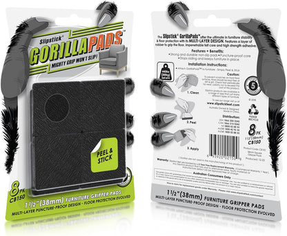 Slipstick GorillaPads CB150 Non Slip Furniture Pads/Rubber Grips (Set of 8) Self Adhesive Furniture Feet Floor Protectors, 1-1/2 inch Square, Black