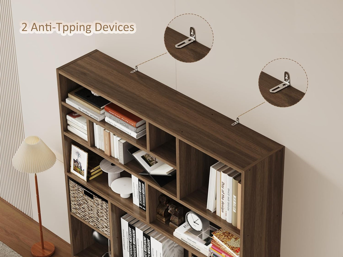 BLANKSPACE 71'' H 6-Tier Large Bookcase, Heavy Duty Storage Shelf - Freestanding Organizer for Bedroom 2 Woven Baskets, Home Office, Living Room, Brown Walnut