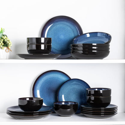 LeRatio Ceramic Dinnerware Sets for 6,Plates and Bowls Sets,Handmade Reactive Glaze Dishes Set,Chip Resistant and Scratch Resistant | Oven&Dishwasher & Microwave Safe-Blue(18PCS)