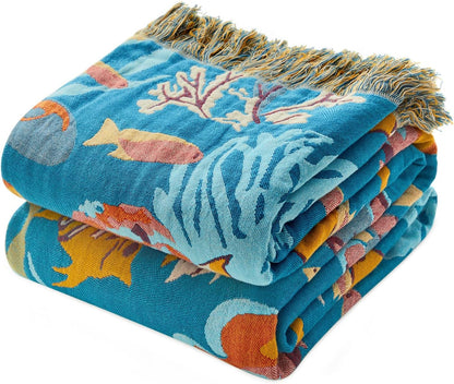 MSGKV Throw Blanket for Couch Bed Cotton Muslin Breathable Cute Ocean Animals Twin Size Blanket 60"x80" for All Seasons Lightweight Farmhouse Blankets