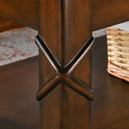 Solid Wood Coffee Table with Storage Shelf, Mid-Century Living Room Tables with Carved Tabletop and Leg, 43.3” Splicing Cocktail Center Sofa Table, Cherry Brown KFZ-DR200