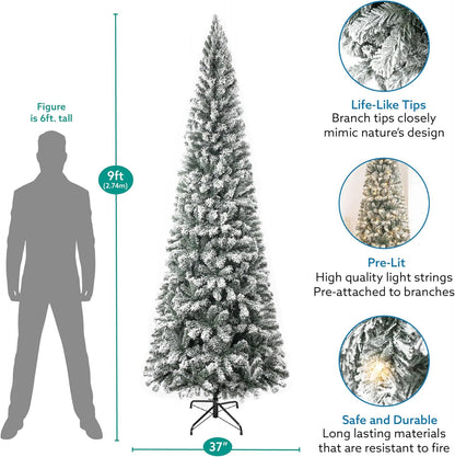 Naomi Home Salzburg 9ft Frosted Prelit Slim Artificial Christmas Tree with 1455 Branch Tips, 500 Warm Lights and Metal Stand, 37" Wide Realistic Snow Flocked Skinny Pencil Christmas Tree