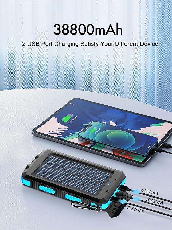 Solar Charger, 38800mAh Solar Power Bank, Waterproof External Backup Battery Power Pack with USB C Input/Output/LED Flashlights Compatible with iPhone, Samsung, iPad, Suitable for Outdoor, Camping