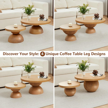 Solid Wood Round Nesting Coffee Table Set of 2, Circle Accent Tables with Unique Semi-Circular Legs, Mid Century Modern Side End Table Set for Small Space Living Room Office (Natural Oak)