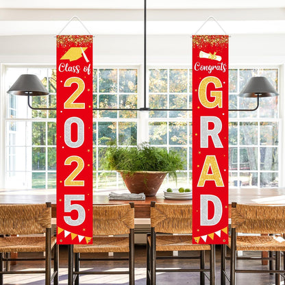 Graduation Decorations 2025 GRAD Banner Red Porch Door Sign Welcome Banner For Indoor Outdoor Wall Graduation Decorations Class of 2025