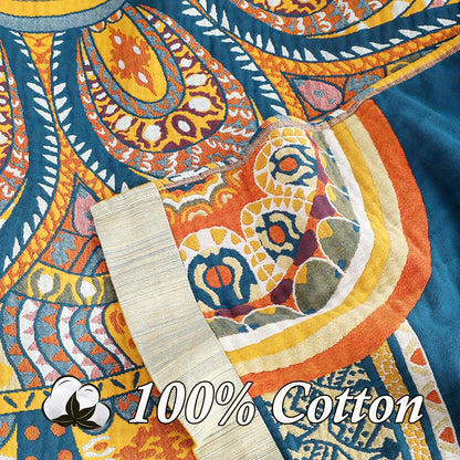 Snycler Boho 100% Cotton Throw Blanket, Decorative Muslin Boho Throw Blanket, Soft Cozy Colorful Bohemian Floral Reversible Blanket with Tassels for Chair Couch Bed Sofa Room Decor, 80x90 Inch
