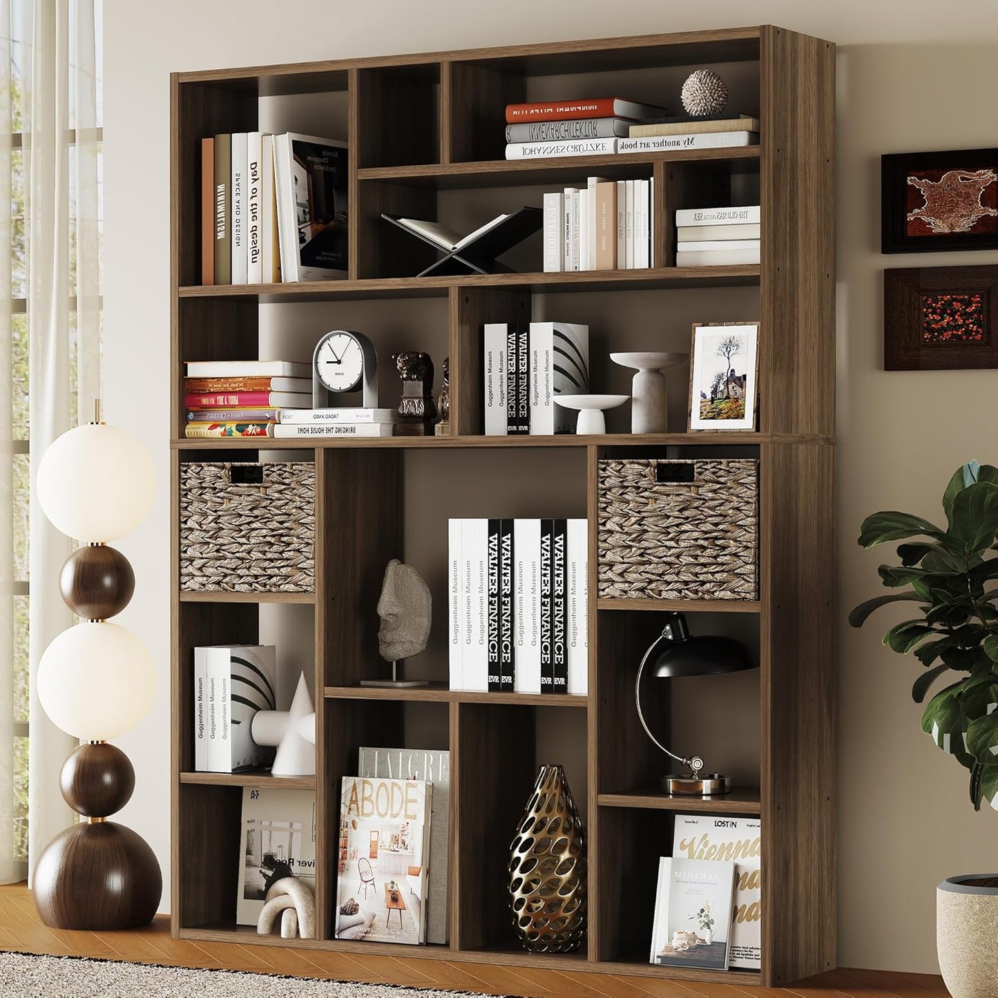 BLANKSPACE 71'' H 6-Tier Large Bookcase, Heavy Duty Storage Shelf - Freestanding Organizer for Bedroom 2 Woven Baskets, Home Office, Living Room, Brown Walnut
