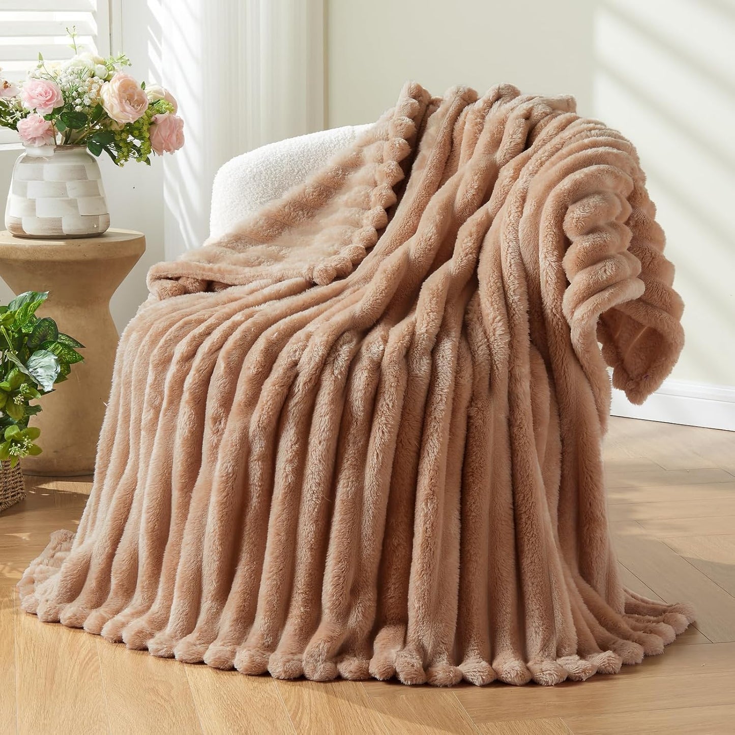 NEWCOSPLAY Super Soft Twin Blanket Taupe Premium Silky Flannel Fleece 3D Ribbed Jacquard Lightweight Bed Blanket All Season Use (Taupe Ribbed, Twin(60"x80"))