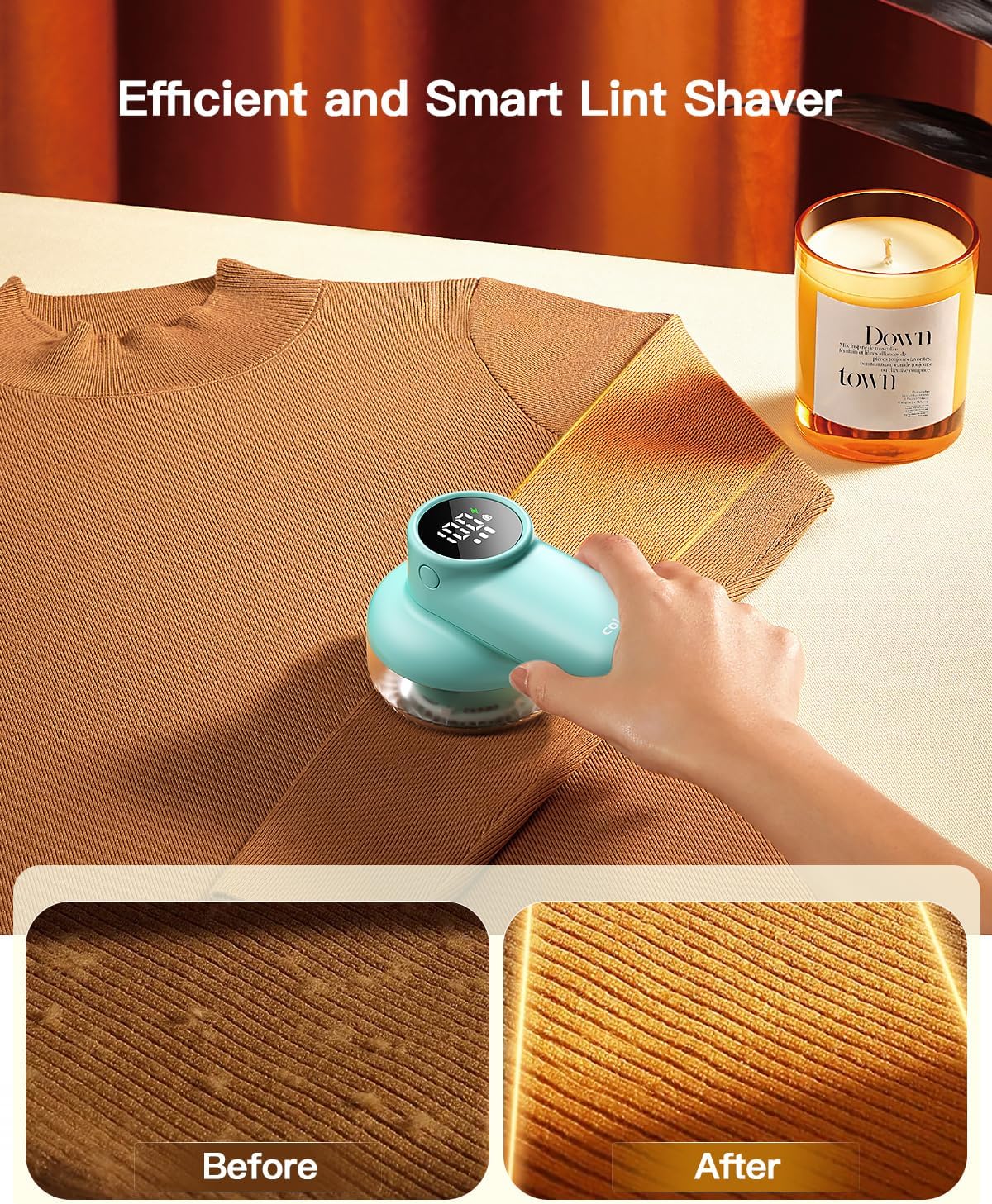 coldSky Rechargeable Fabric Shaver, Lint Shaver with Digital Display, Sweater Shaver with 6-Leaf Blades and Safety Lock, 3-Speeds Defuzzer Remove Fuzz, Pills from Clothes, Furniture, Blanket Green