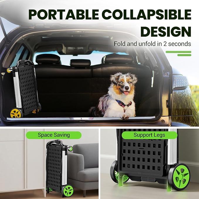 Collapsible Shopping Cart, 8-in-1 200LBS Multi Functional Utility Cart with 2 Storage Crate,Adjustable Handle Grocery Cart on Wheels for Shopping/Warehouse/Office/Supermarket -Green