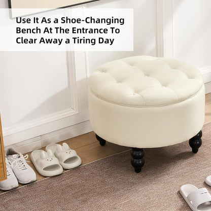 Fabric Round Ottoman with Storage, Upholstered Tufted Storage Footstool, Modern Wooden Coffee Table for Living Room, Bedroom, Beige