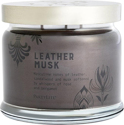 PartyLite 3-Wick Jar Candle, Highly Fragranced Clean Burning Glass Candle, 25-45 Hours Burn Time (Leather Musk)