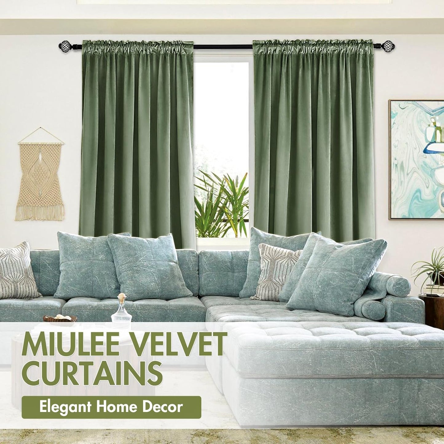 MIULEE Velvet Curtains Sage Green Thermal Insulated Blackout Curtain Drapes for Bedroom Living Room Darkening 72 Inches Long Curtains Panels Rod Pocket Set of 2