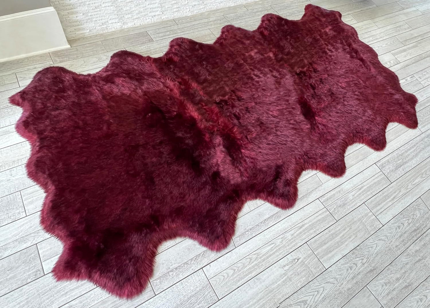 LAMBZY Faux Sheepskin Super Soft Hypoallergenic Free Shape Silky Shag Rug, Luxury Shaggy Plush Carpet for Bedrooms Living Kids Room Sofa Rugs (Burgundy, Duo Decto 12 Pelts 6'x12')