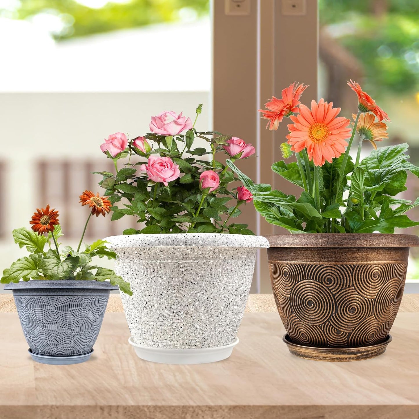 10 Inch Flower Pots Planters for Indoor Outdoor Plants, 3 Pack Plastic Large Plant Pots with Drainage Hole & Tray, Modern Decorative Garden Pot with Saucer, Plant Container for House