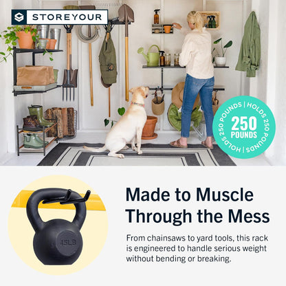 StoreYourBoard Wall-Mounted Rack With 4 Garage Hooks – Heavy-Duty Steel Holder Garage & Garden Storage for Shed, Workshop, or Home Organization – For Rakes, Shovels, Tools & More – 1 Pack, Tractor