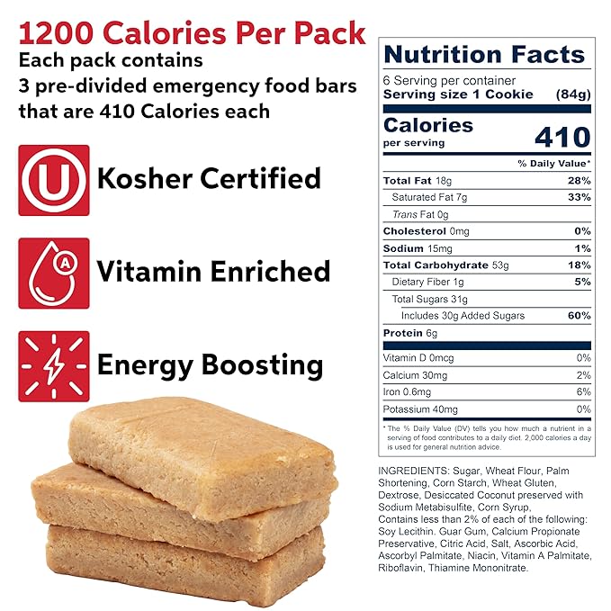 SOS Food Lab Emergency Food Bar - 1200 Calorie Ration (Shortbread Cookie) - 1 Day/24 Hour Ready to Eat Supply for Camping, Hiking, Disaster Preparedness - 5 Year Shelf Life High Energy Survival Food