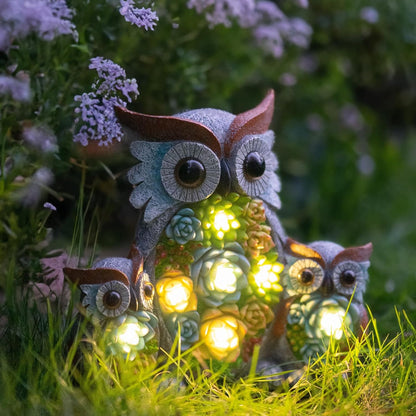Solar Garden Statue Lights Owl Figurine with LED Lights, Outdoor Garden Succulent Ornaments, Mothers Day Mom Gifts for Outside Patio Yard Lawn Decor