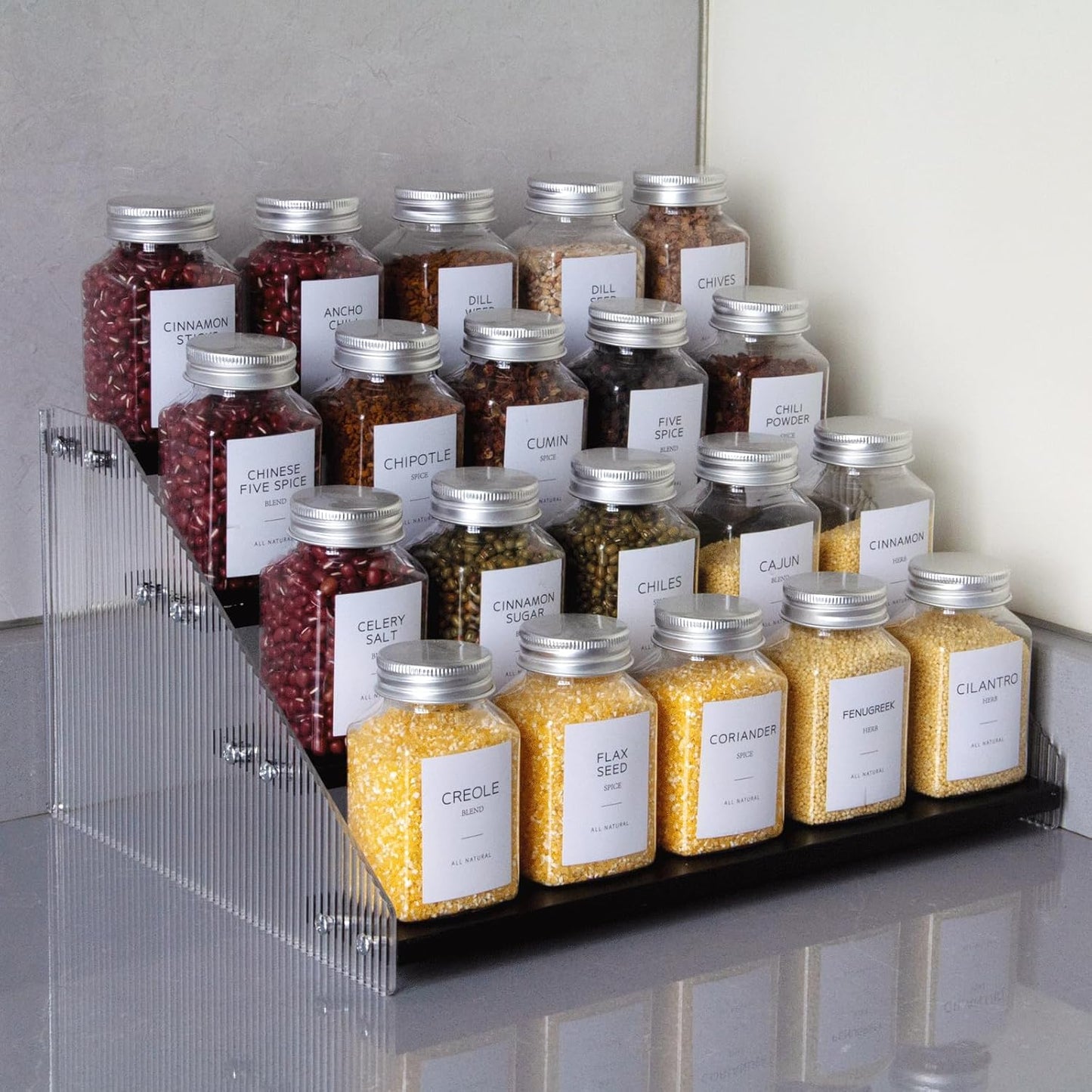 nianfeng Tiered Spice Rack, 4-Tier Spice Pantry Kitchen Cabinet Organizer, 12-Inch, Natural Wood Acrylic Stair Riser Stand, Countertop Seasoning Shelf (Black)