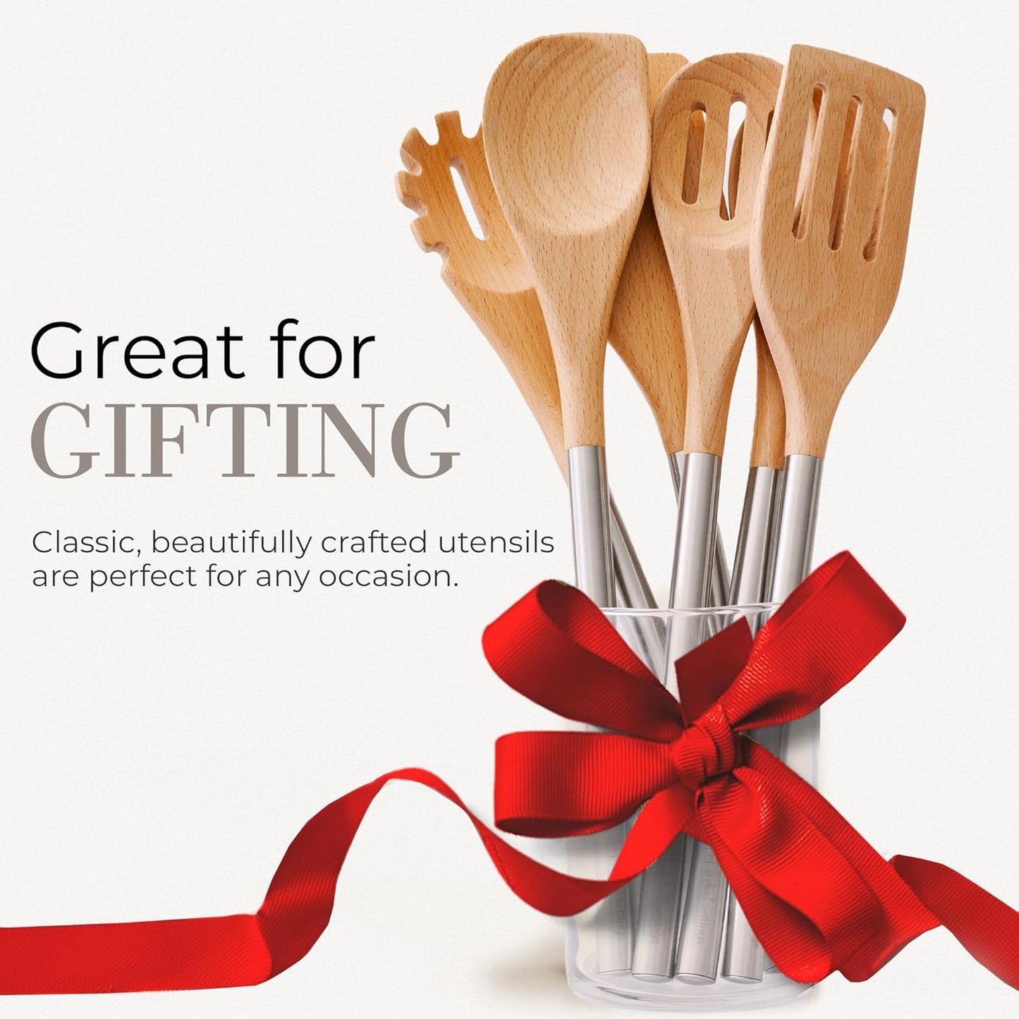 STYLED SETTINGS Wood Cooking Utensils Set with Stainless Steel Handles – 6-PC Durable Wooden Spoons for Cooking, Serving, & Mixing – Kitchen Utensils Set for Nonstick Cookware, Great for Gifting