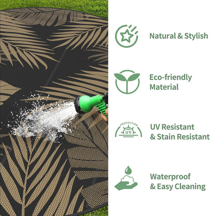 GENIMO Outdoor Rug 8' Round Waterproof for Patios Clearance, Reversible Outdoor Plastic Straw Camping Rug Carpet, Large Area Rugs Mats for RV, Camper, Deck, Balcony, Porch, Beach, Picnic, Black&Brown