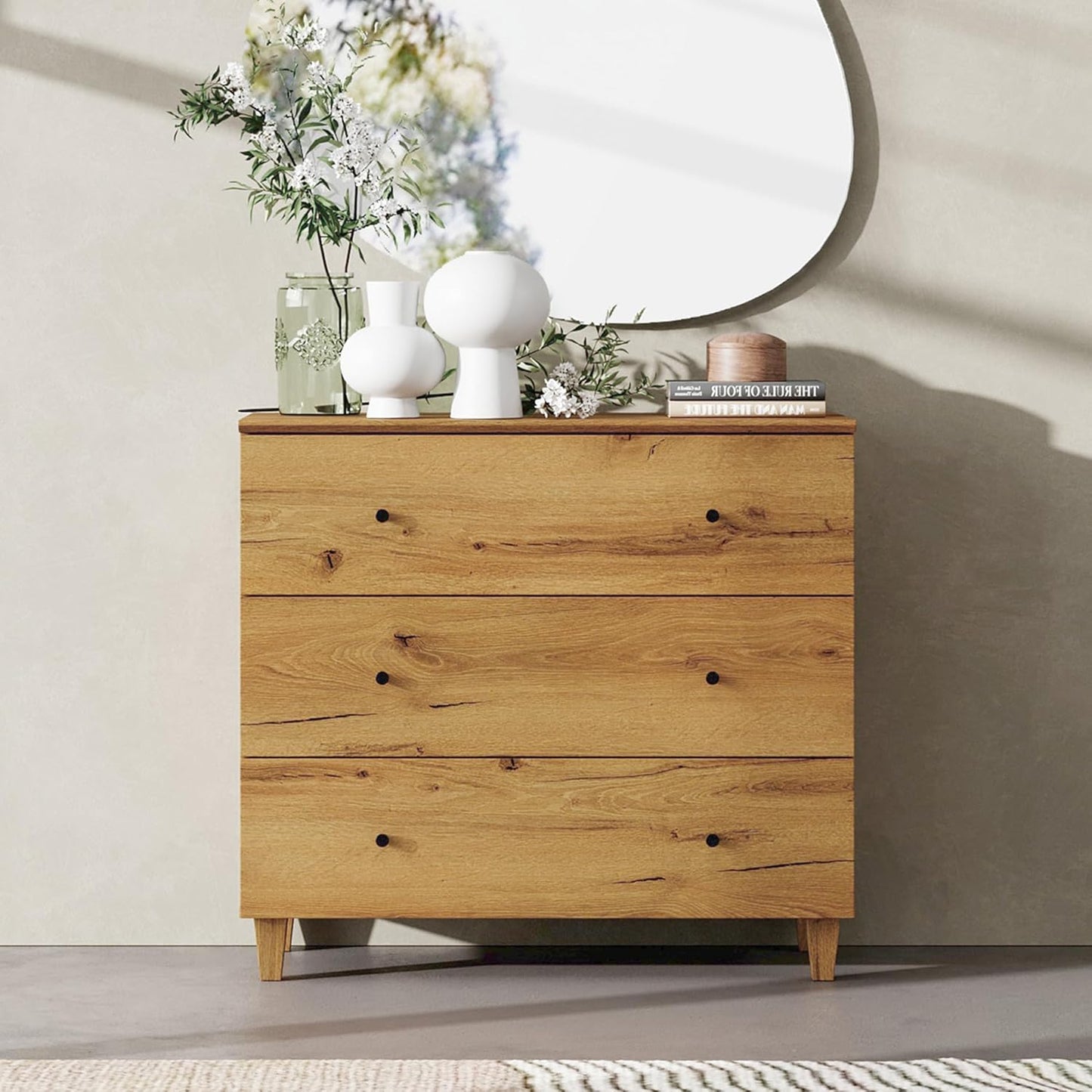 WAMPAT Bedroom Dresser with 3 Drawers, 35.4" Wide Wood Kids Dressers, Chest of Drawers, Modern Closet Organizer Bachelors Chest w/Solid Wood Legs for Living Room, Baby Room, Nursery, Oak Brown