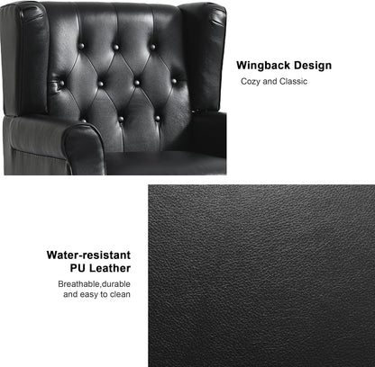 Accent Chair, Upholstered Armchair with Button Tufted High Back & Solid Wood Legs, Comfy Wingback Reading Single Sofa Chair for Small Spaces, Living Room, Bedroom (Leather Black, Set of 2)