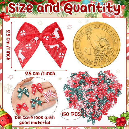 Syhood 150 Pcs Christmas Mini Bow Tiny Twist Tie Bow Handmade Craft Ribbon for DIY Sewing Party Decor(Red and Green,Patterned)