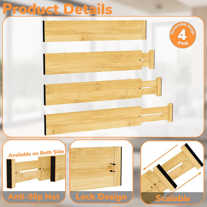 BAMEOS 3" H Bamboo Drawer Dividers - Adjustable Expandable Drawer Organizer - Kitchen, Bathroom, Bedroom & Office, 4-pack