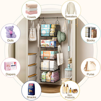 Deeper 4'' Design 5 Tier Foldable Hanging Closet Organizer and Storage，Wire Cabinet Shelves and Rack with 5 S Hooks,Stackable Metal Basket Bins for Clothes Shoe Purse,Holder for Wardrobe Dorm,Black
