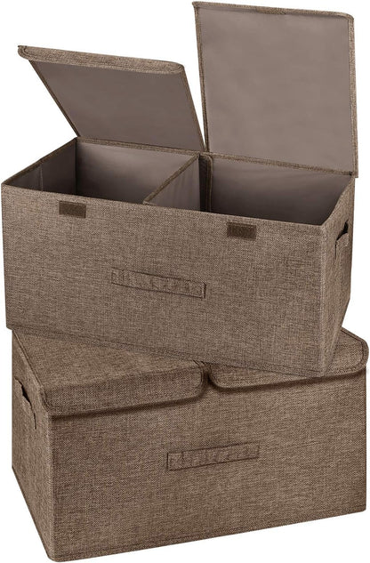2 Pack Large Storage Boxes with Lids and Handles, Collapsible Linen Storage Bins Organizer Containers Baskets Cube with Removable Divider for Home Bedroom Closet Office (Coffee, Large)