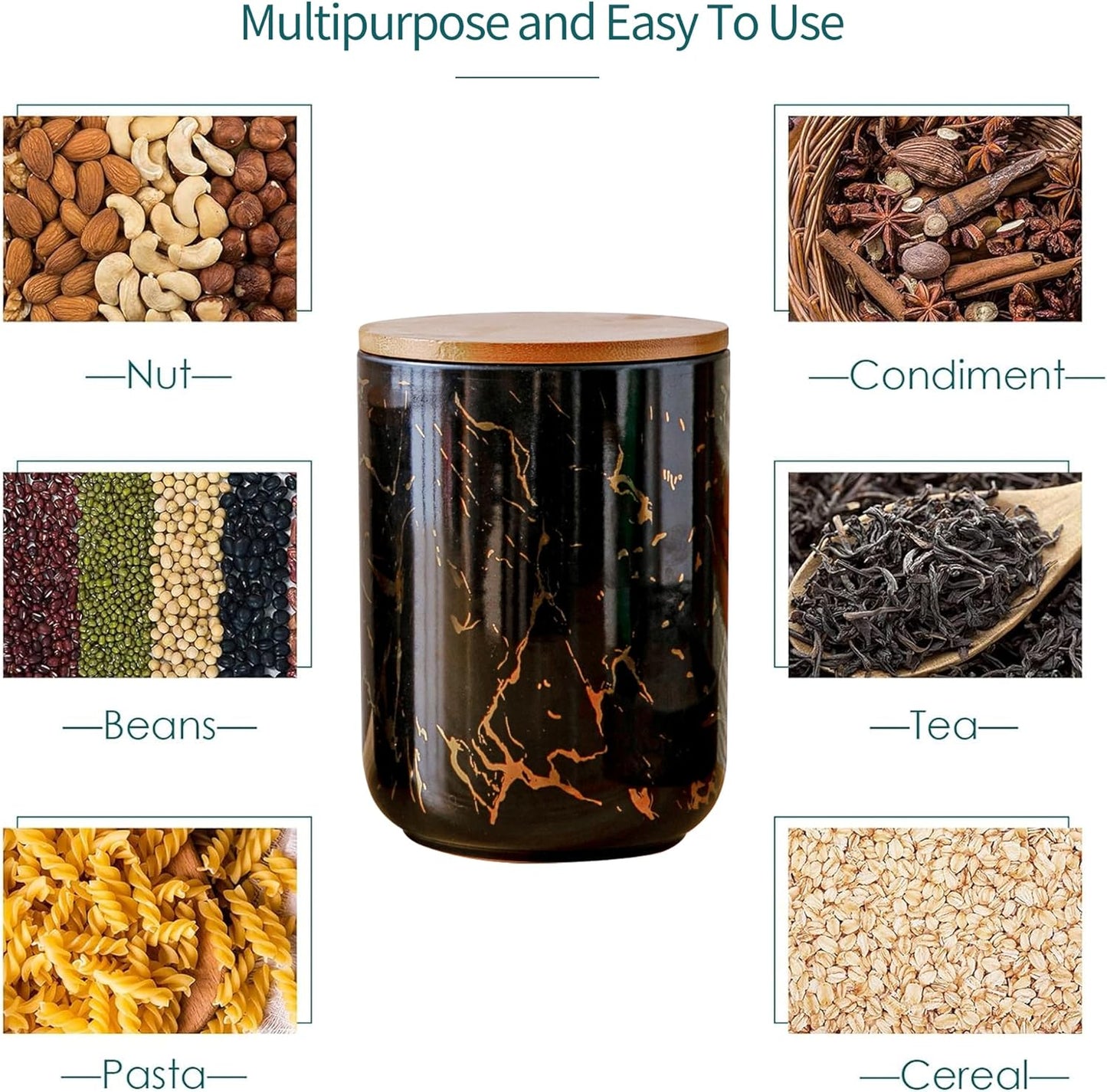 Ceramic Canister Set with Bamboo Airtight Lids, 3-Piece Kitchen Storage Jars (48oz, 30oz, 12oz) – Black with Gold Marble Pattern, Glossy Finish, for Coffee, Sugar, Flour & More