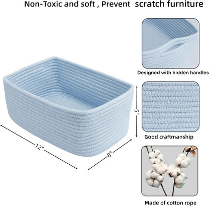 Small Woven Storage Baskets 12“X8”X5“ Decorative Rope Bins for Organizing Shelves, Closets, and Toys, Empty Gift Baskets, Cute Organizer Basket for Home and Office (blue, regular)