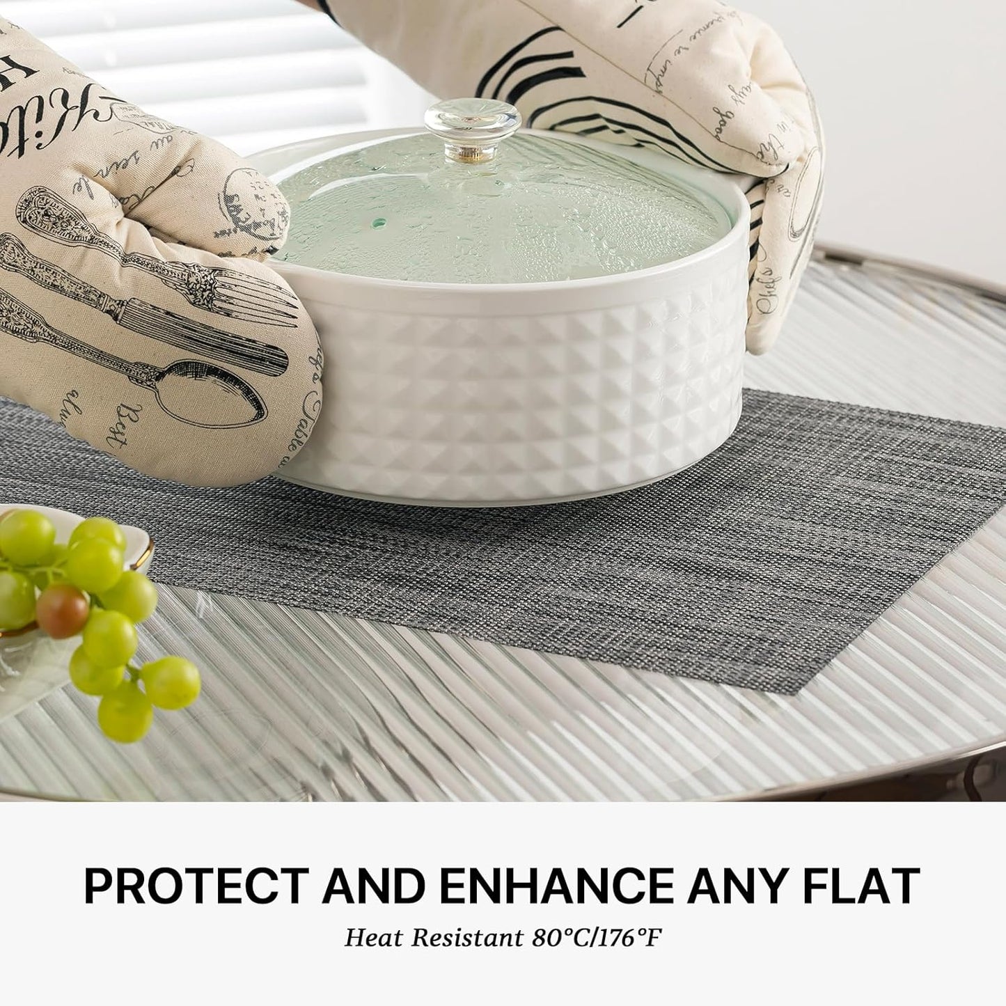 LEXMORE Placemats Set of 8 Vinyl/Plastic Woven Place Mats for Kitchen Table Indoor/Outdoor Washable Placemat Wipeable Dining Table Mats(Dark Gray)